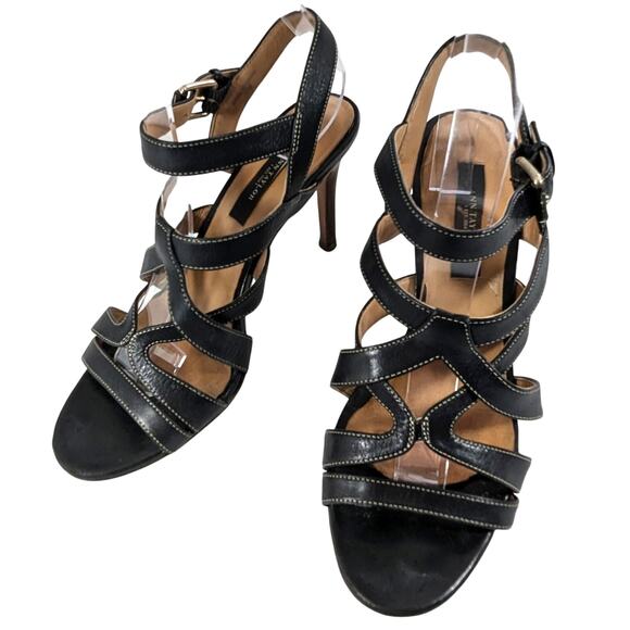 ANN TAYLOR! BLACK GENUINE FINE LEATHER, CONTRAST STITCHED STRAPPY HEELS! SZ 7M - Picture 1 of 10